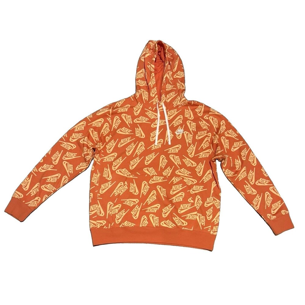 Nike NSW Club AOP All Over Print logo orange hoodie mens Sz L